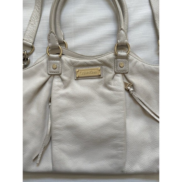 Calvin Klein Ivory Leather Double Strap Satchel Shoulder Handbag - Picture 2 of 8